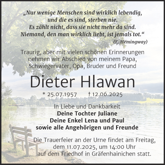Traueranzeige von Dieter Hlawan von Trauerkombi Wittenberg
