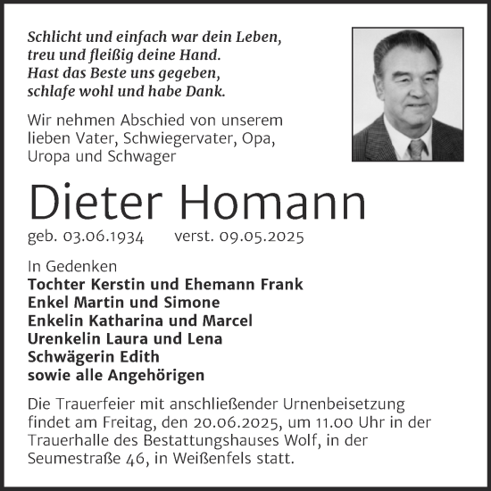 Traueranzeige von Dieter Homann von Trauerkombi Weißenfels