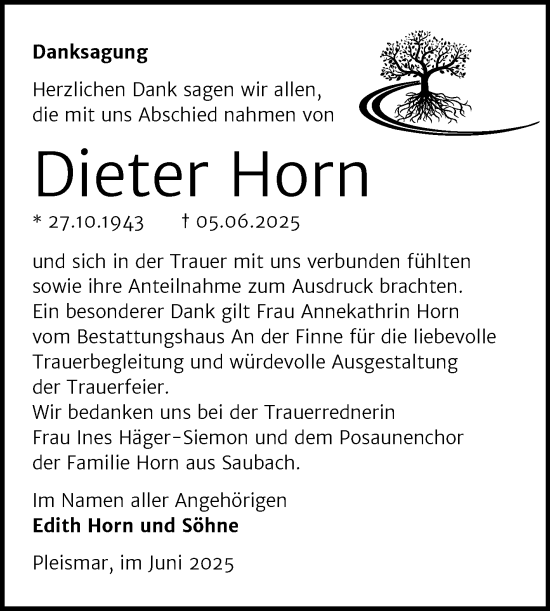 Traueranzeige von Dieter Horn von Super Sonntag Naumburg/Nebra
