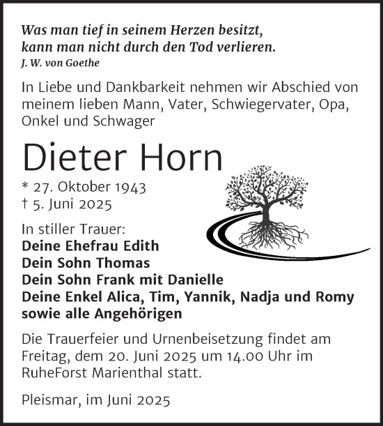 Traueranzeige von Dieter Horn von Naumburger Tageblatt