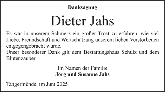 Traueranzeige von Dieter Jahs von Volksstimme Altmark Ost