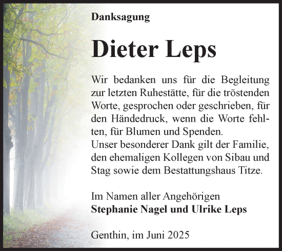 Traueranzeige von Dieter Leps von Volksstimme Burg/Genthin