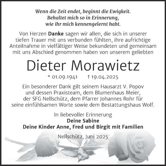 Traueranzeige von Dieter Morawietz von Trauerkombi Weißenfels