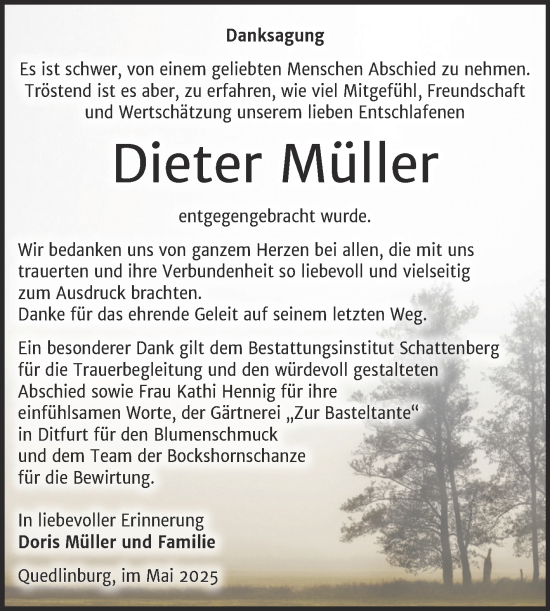 Traueranzeige von Dieter Müller von Trauerkombi Quedlinburg