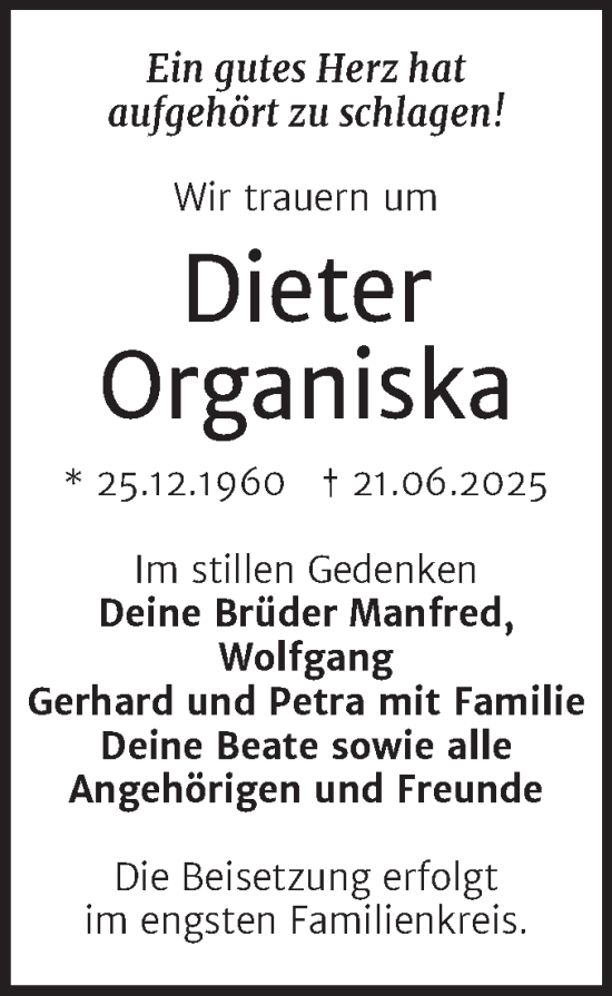 Traueranzeige von Dieter Organiska von Trauerkombi Wittenberg