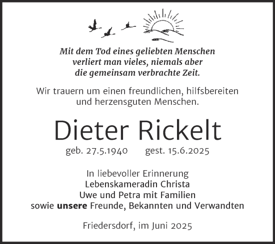Traueranzeige von Dieter Rickelt von Trauerkombi Bitterfeld