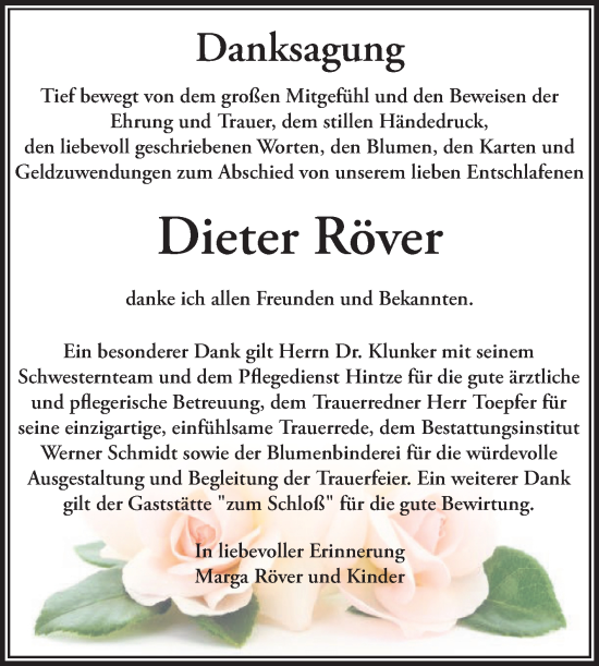 Traueranzeige von Dieter Röver von Trauerkombi Quedlinburg