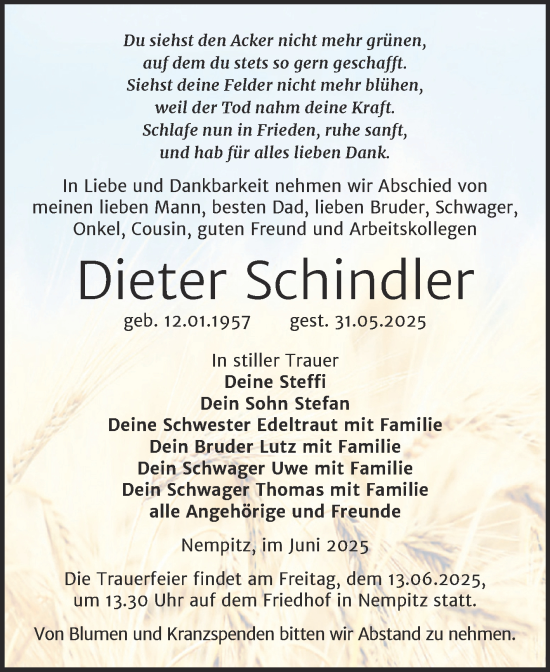 Traueranzeige von Dieter Schindler von Trauerkombi Merseburg