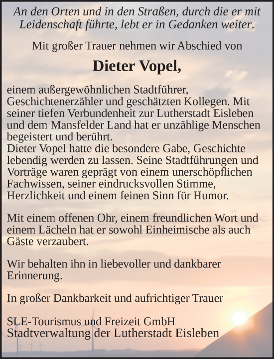 Traueranzeige von Dieter Vopel von Mitteldeutsche Zeitung Mansfelder Land