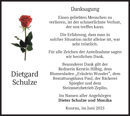 Traueranzeige von Dietgard Schulze von Volksstimme Altmark West