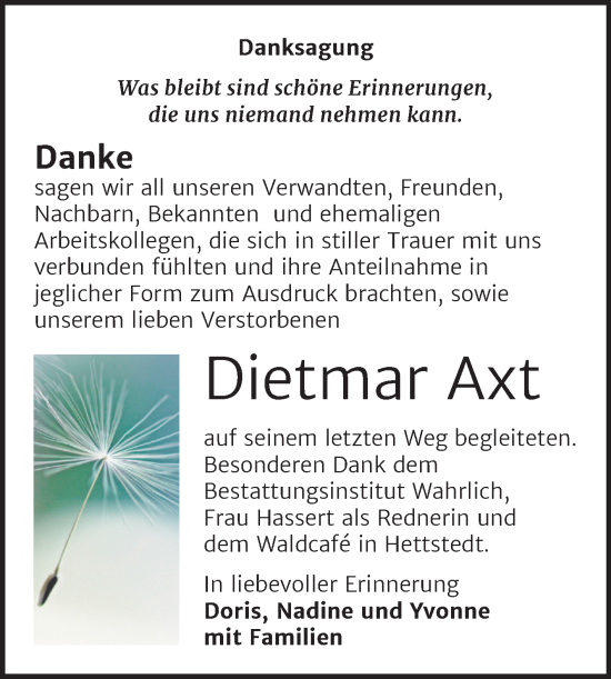 Traueranzeige von Dietmar Axt von Trauerkombi Mansfelder Land
