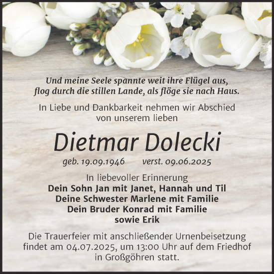 Traueranzeige von Dietmar Dolecki von Trauerkombi Weißenfels