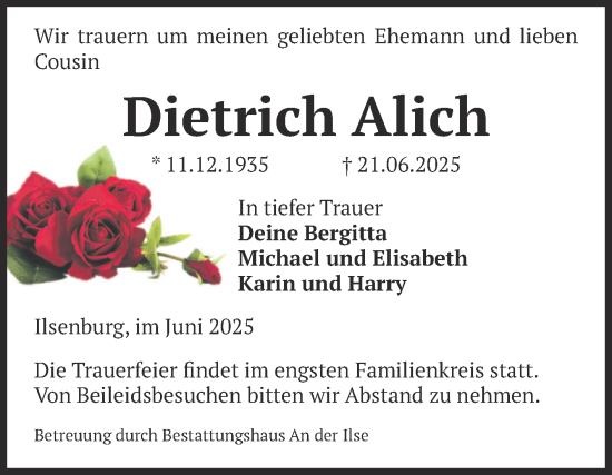 Traueranzeige von Dietrich Alich von Volksstimme Wernigerode