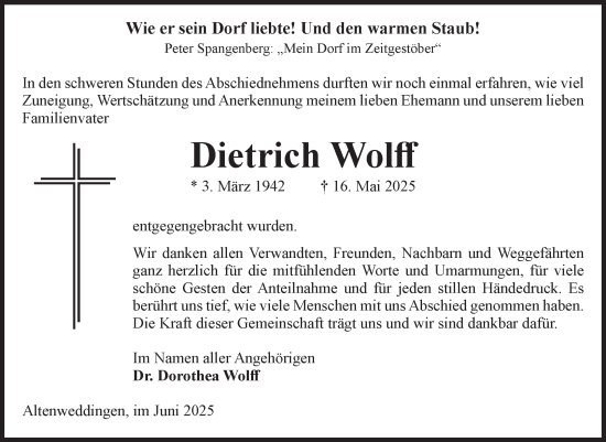Traueranzeige von Dietrich Wolff von Volksstimme Oschersleben/Wanzleben