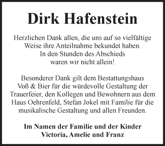 Traueranzeige von Dirk Hafenstein von Volksstimme Wernigerode