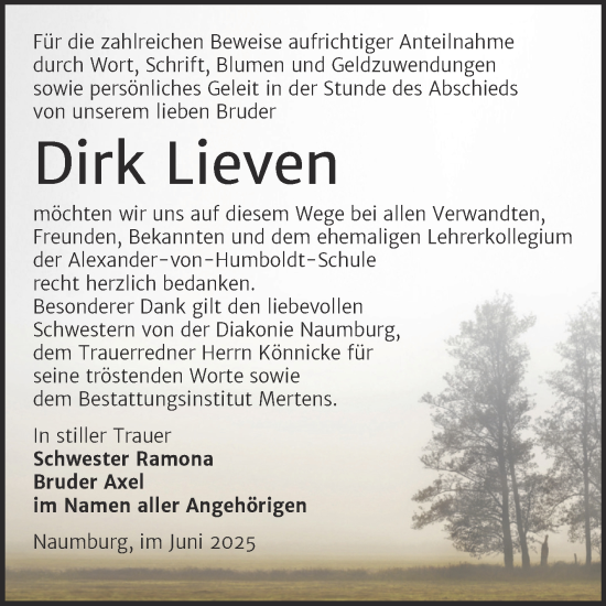 Traueranzeige von Dirk Lieven von Super Sonntag Naumburg/Nebra