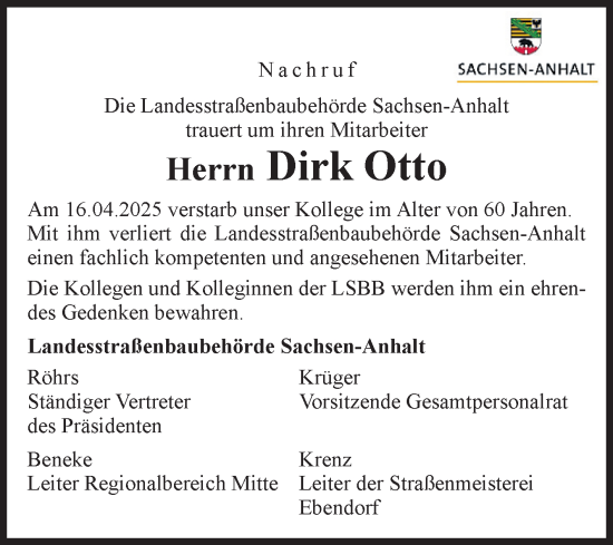 Traueranzeige von Dirk Otto von Volksstimme Oschersleben/Wanzleben