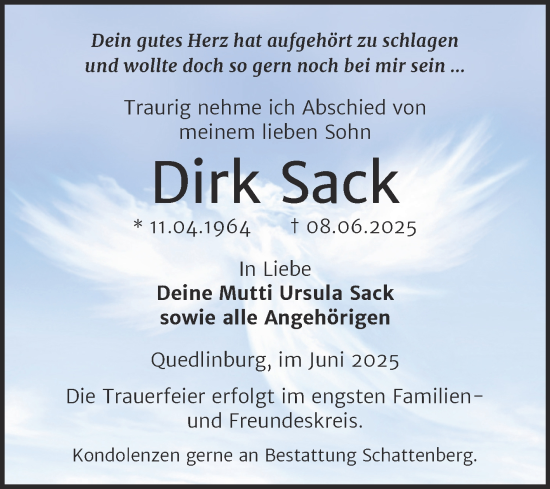 Traueranzeige von Dirk Sack von Trauerkombi Quedlinburg