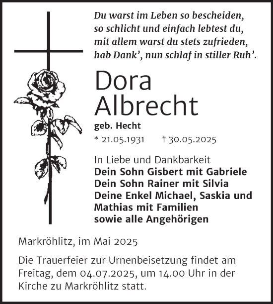 Traueranzeige von Dora Albrecht von Trauerkombi Weißenfels