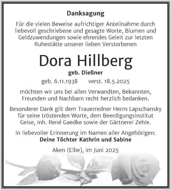 Traueranzeige von Dora Hillberg von Trauerkombi Köthen