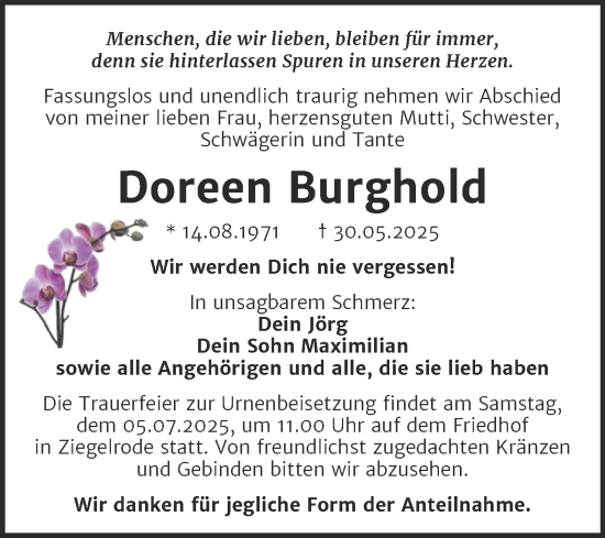 Traueranzeige von Doreen Burghold von Trauerkombi Mansfelder Land