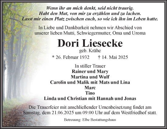 Traueranzeige von Dori Liesecke von Volksstimme Magdeburg
