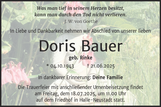 Traueranzeige von Doris Bauer von Mitteldeutsche Zeitung Halle/Saalkreis