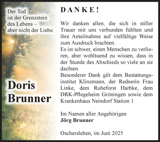 Traueranzeige von Doris Brunner von Volksstimme Oschersleben/Wanzleben