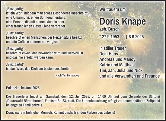 Traueranzeige von Doris Knape von Volksstimme Zerbst