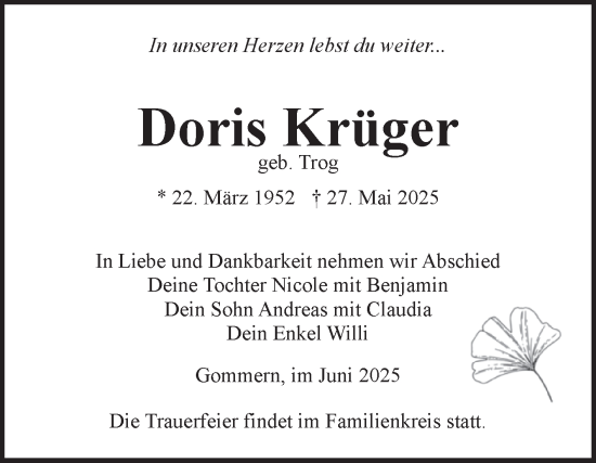 Traueranzeige von Doris Krüger von Volksstimme Burg/Genthin
