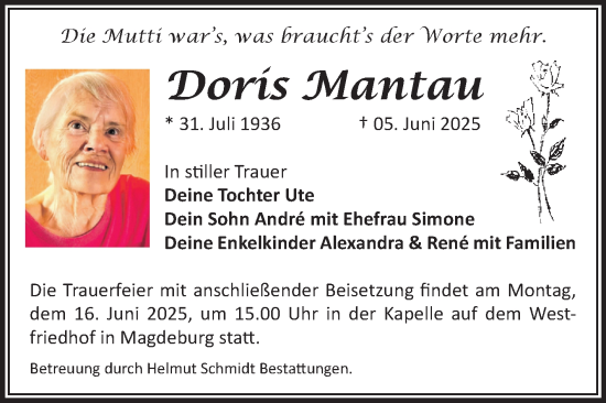 Traueranzeige von Doris Mantau von Volksstimme Magdeburg