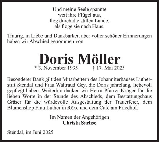 Traueranzeige von Doris Möller von Volksstimme Altmark Ost