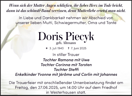 Traueranzeige von Doris Piecyk von Trauerkombi Quedlinburg