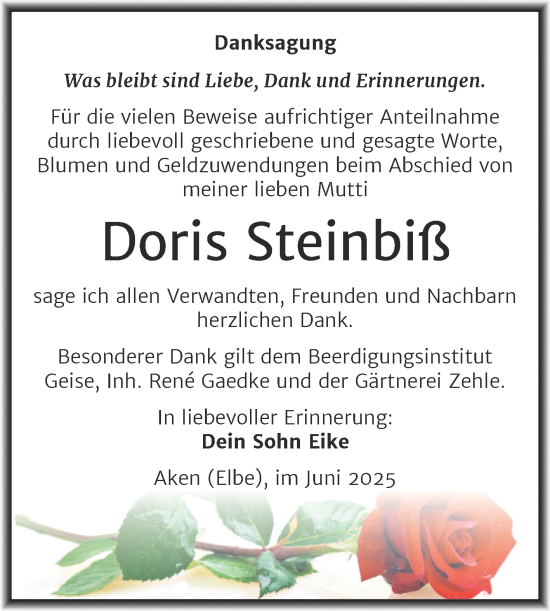 Traueranzeige von Doris Steinbiß von Trauerkombi Köthen
