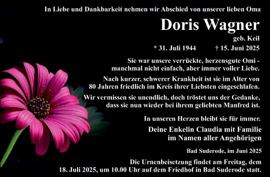 Traueranzeige von Doris Wagner von Trauerkombi Quedlinburg