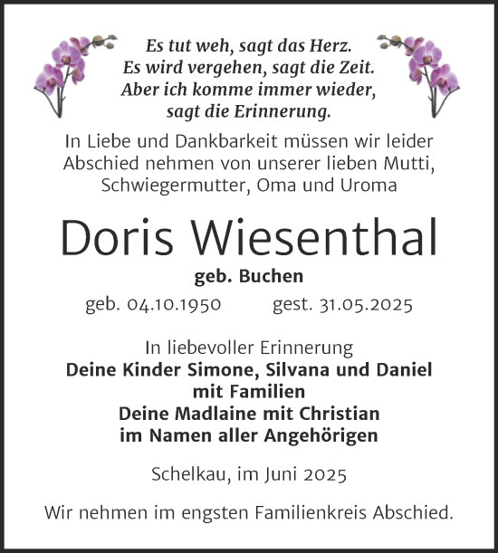 Traueranzeige von Doris Wiesenthal von Trauerkombi Weißenfels
