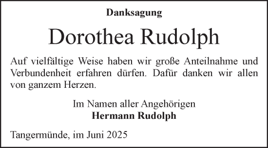 Traueranzeige von Dorothea Rudolph von Volksstimme Altmark Ost