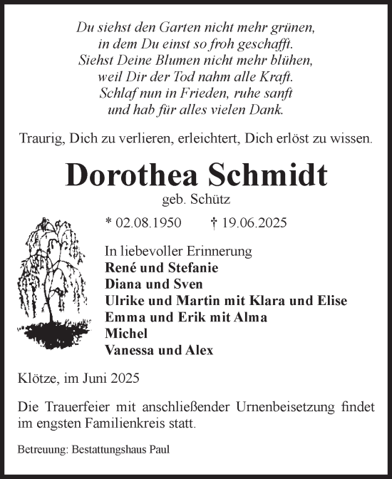 Traueranzeige von Dorothea Schmidt von Volksstimme Altmark West