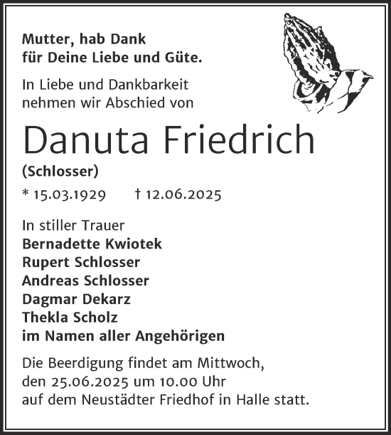 Traueranzeige von Danuta Friedrich von Mitteldeutsche Zeitung Halle/Saalkreis
