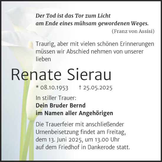 Traueranzeige von Renate Sierau von Trauerkombi Quedlinburg