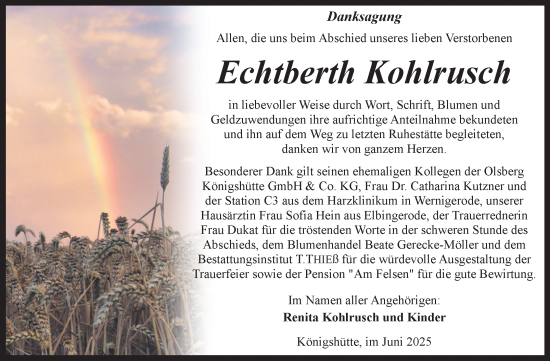 Traueranzeige von Echtberth Kohlrusch von Volksstimme Wernigerode