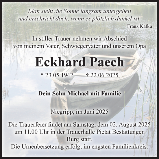 Traueranzeige von Eckhard Paech von Volksstimme Burg/Genthin