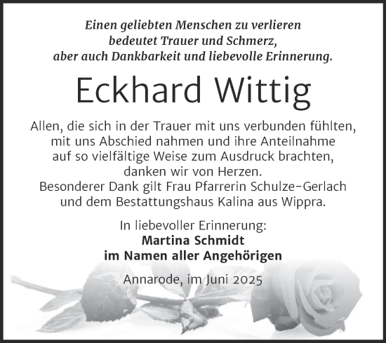Traueranzeige von Eckhard Wittig von Trauerkombi Mansfelder Land