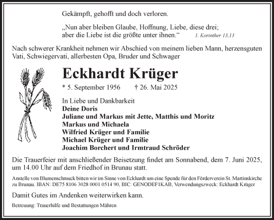Traueranzeige von Eckhardt Krüger von Volksstimme Altmark Ost