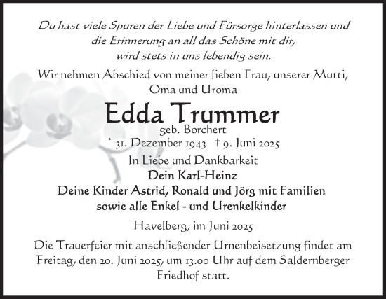 Traueranzeige von Edda Trummer von Volksstimme Altmark Ost
