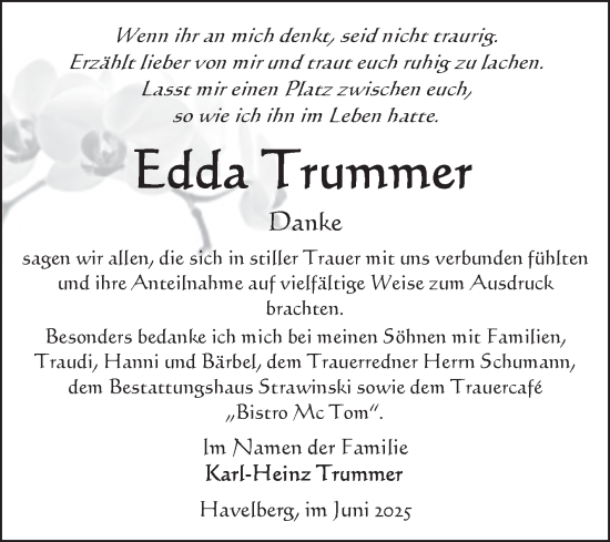 Traueranzeige von Edda Trummer von Volksstimme Altmark Ost