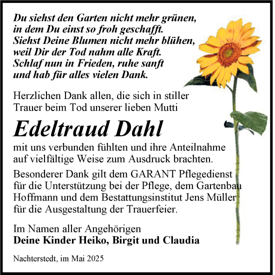 Traueranzeige von Edeltraud Dahl von Super Sonntag Aschersleben