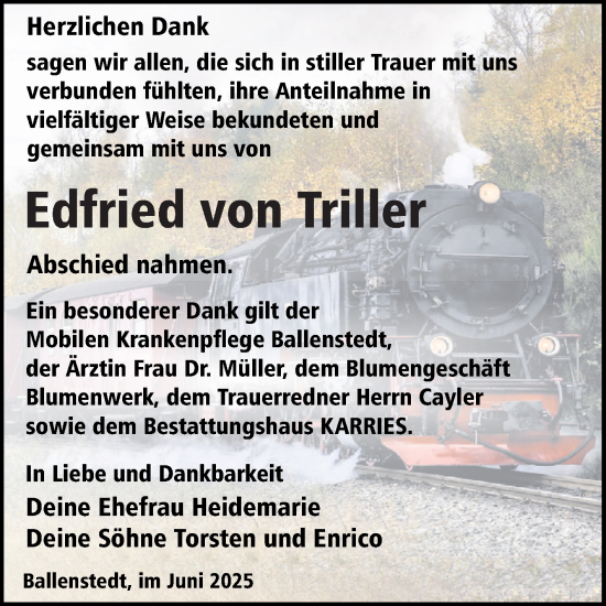 Traueranzeige von Edfried von Triller von Trauerkombi Quedlinburg