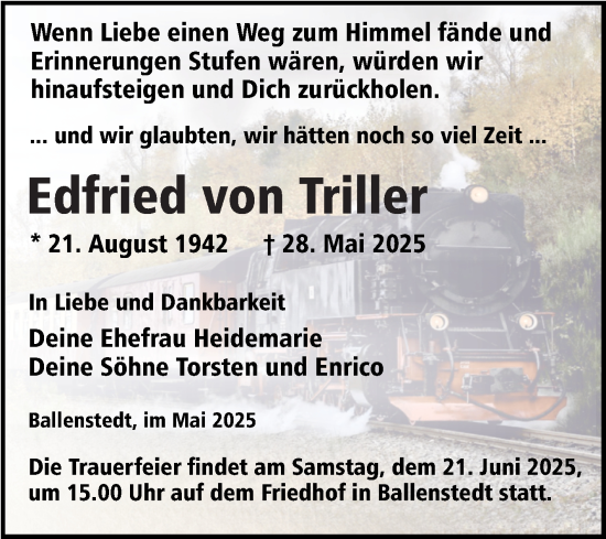 Traueranzeige von Edfried von Triller von Trauerkombi Quedlinburg