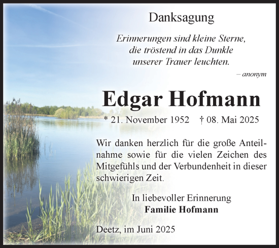 Traueranzeige von Edgar Hofmann von Volksstimme Zerbst